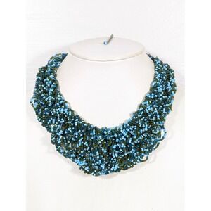 Blue Green Glass Bead Braided Multi Strand Boho Statement Necklace 20"